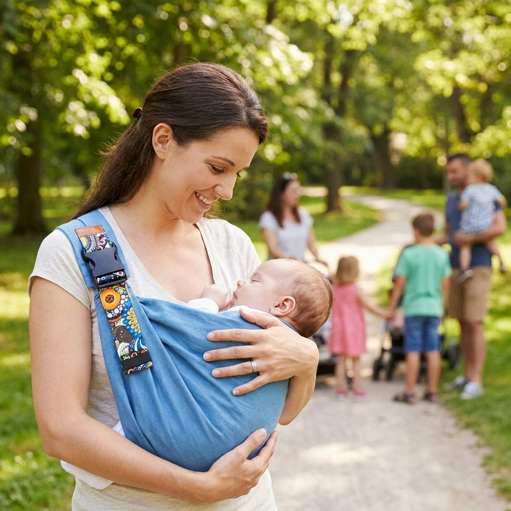 Adjustable Baby Sling Carrier in use, lifestyle setting