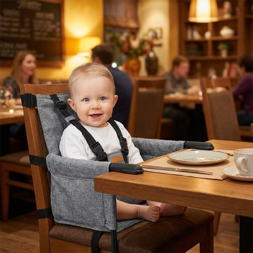 Compact Travel High Chair in use, lifestyle setting