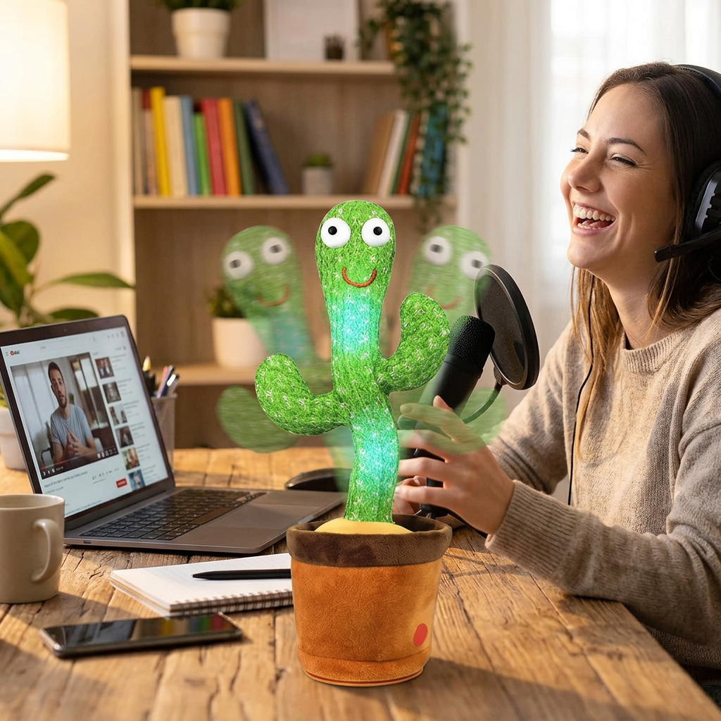 Sound-Reacting Dancing Cactus Toy in use, lifestyle setting
