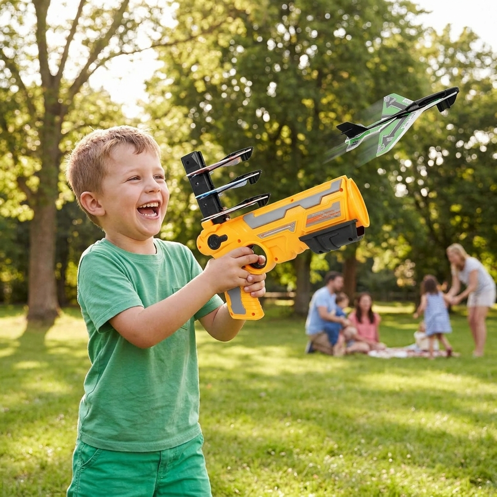 SkyGlider Aircraft Launcher Toy in use, lifestyle setting