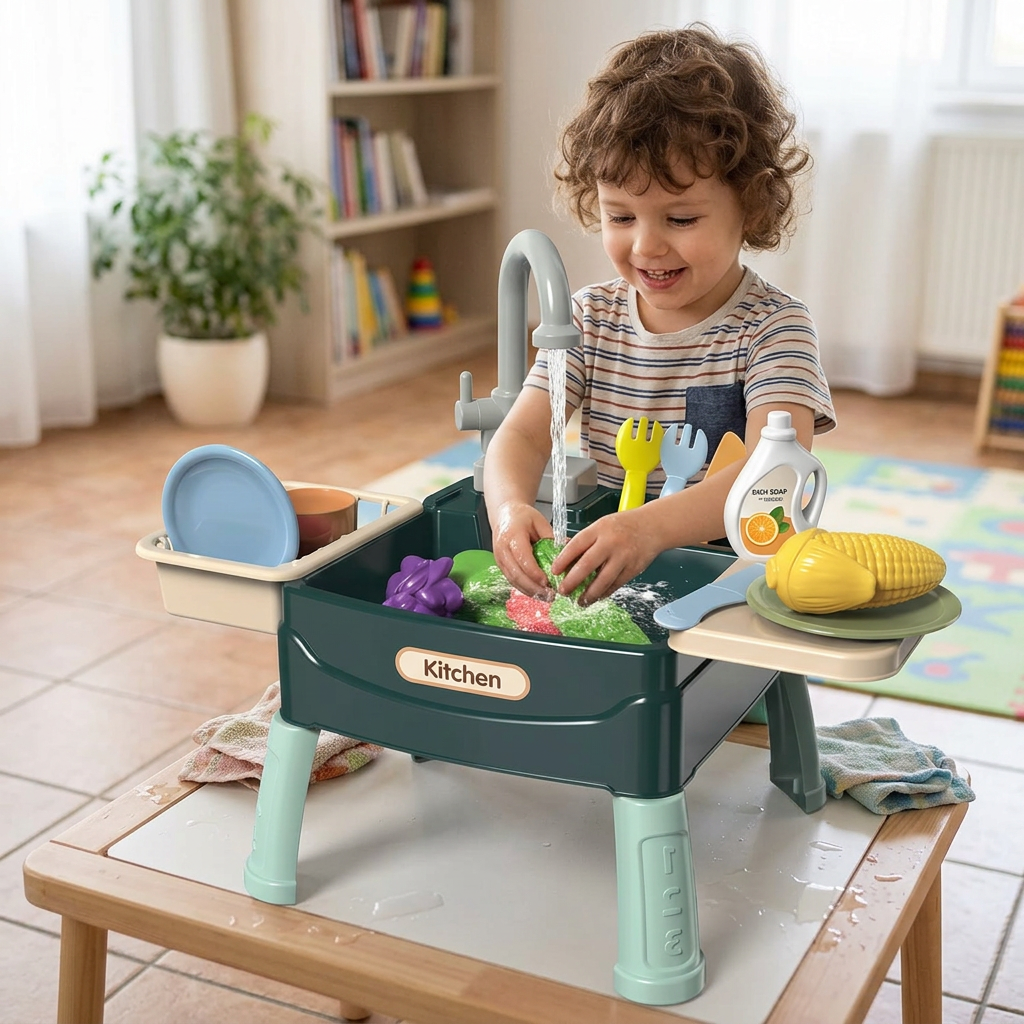 Kids Play Kitchen with Flowing Water in use, lifestyle setting