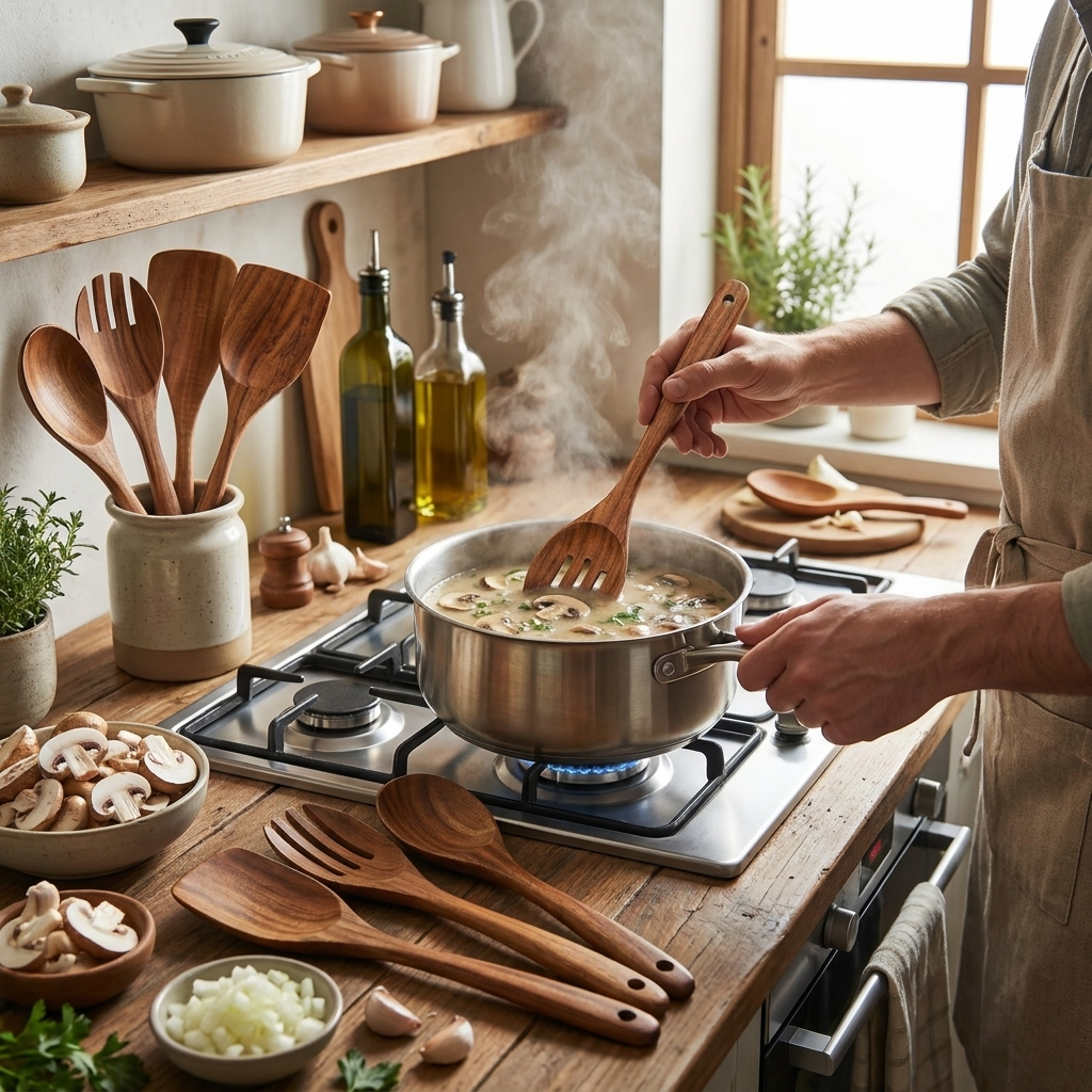 Wooden Utensils Set in use, lifestyle setting