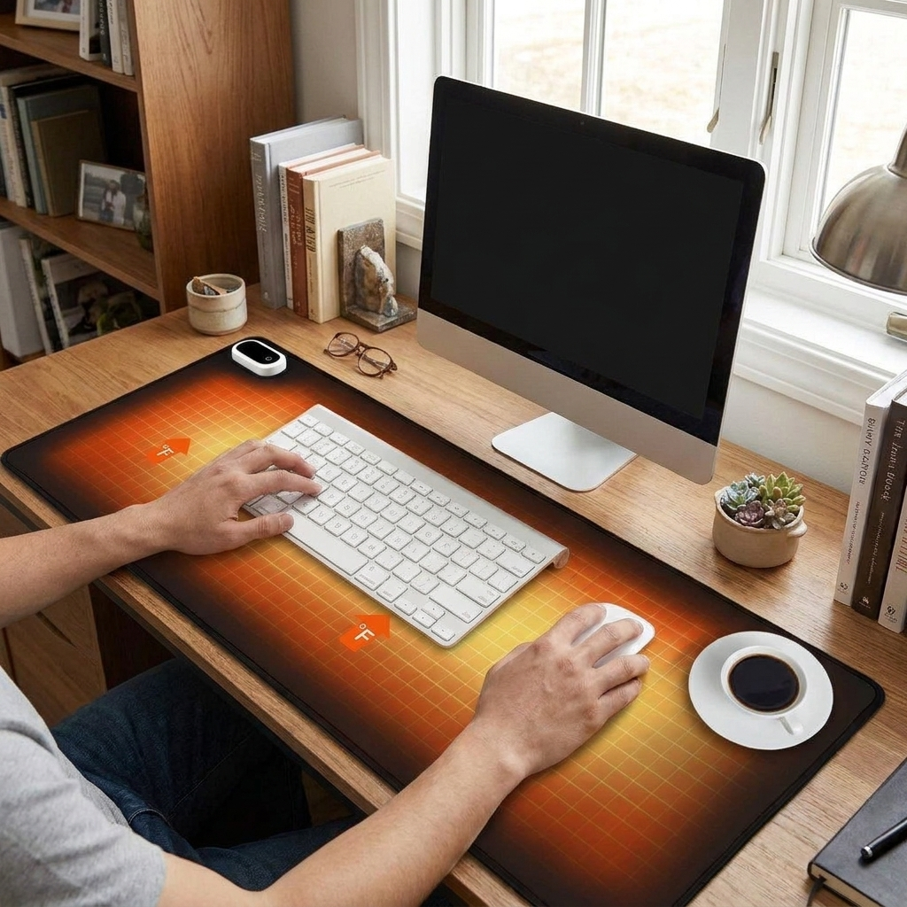 Heated Desk and Mouse Pad in use, lifestyle setting