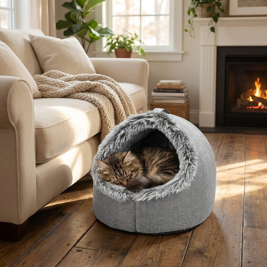 Winter Cat Bed in use, lifestyle setting
