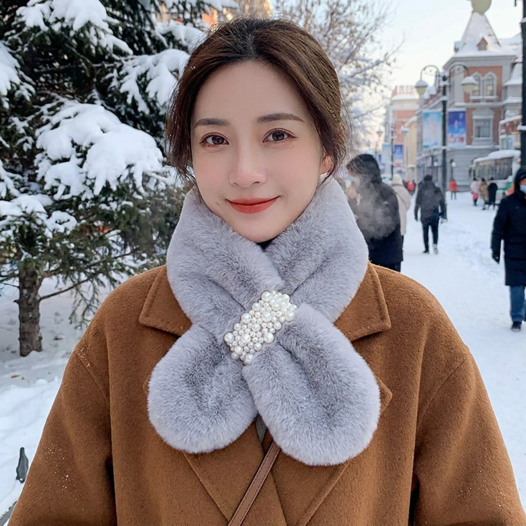 Faux Fur Pearl Winter Scarf in use, lifestyle setting