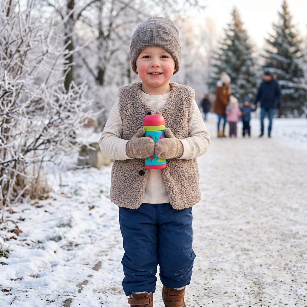 Kids Lamb Wool Winter Waist Coat in use, lifestyle setting