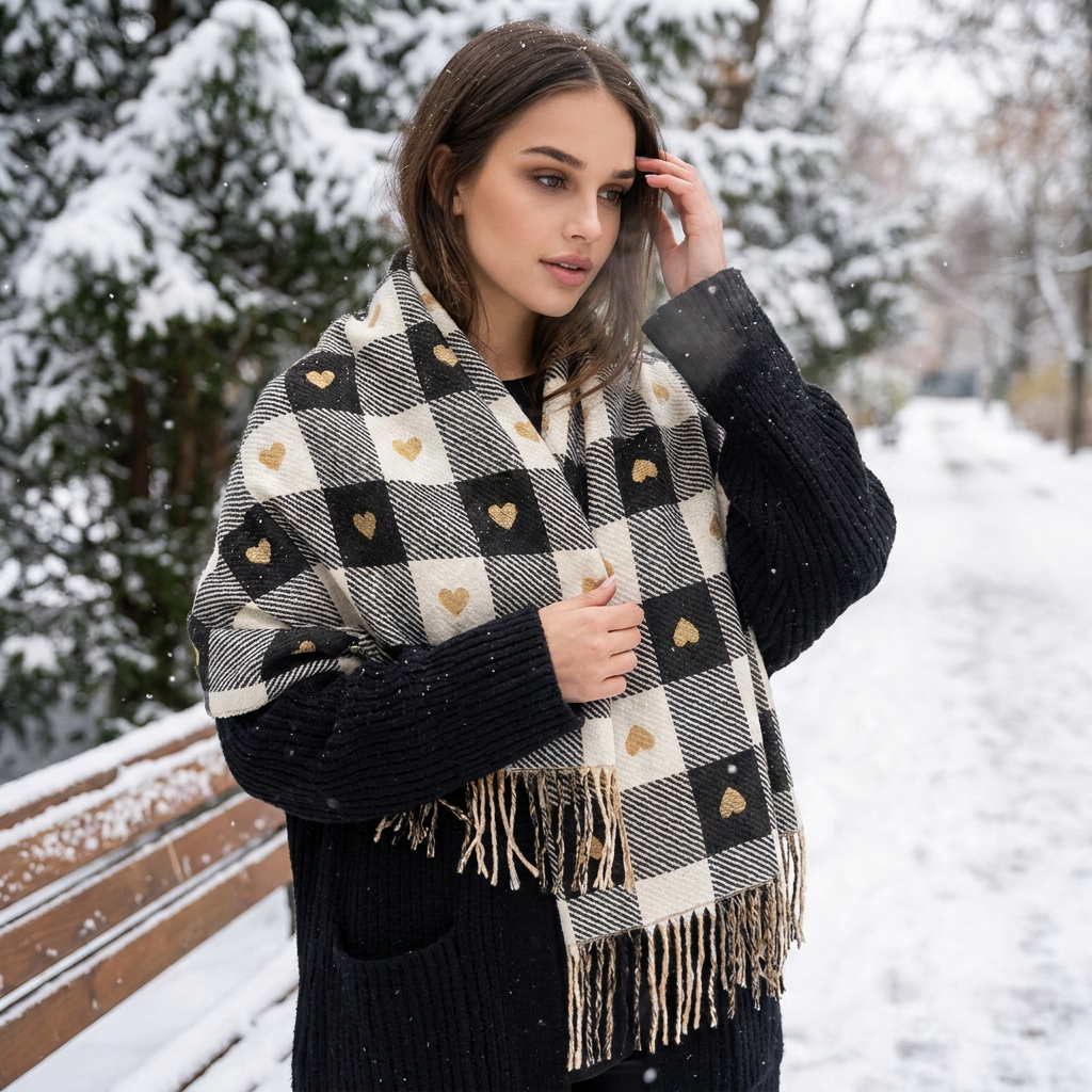 Checkered Winter Scarf Shawl in use, lifestyle setting