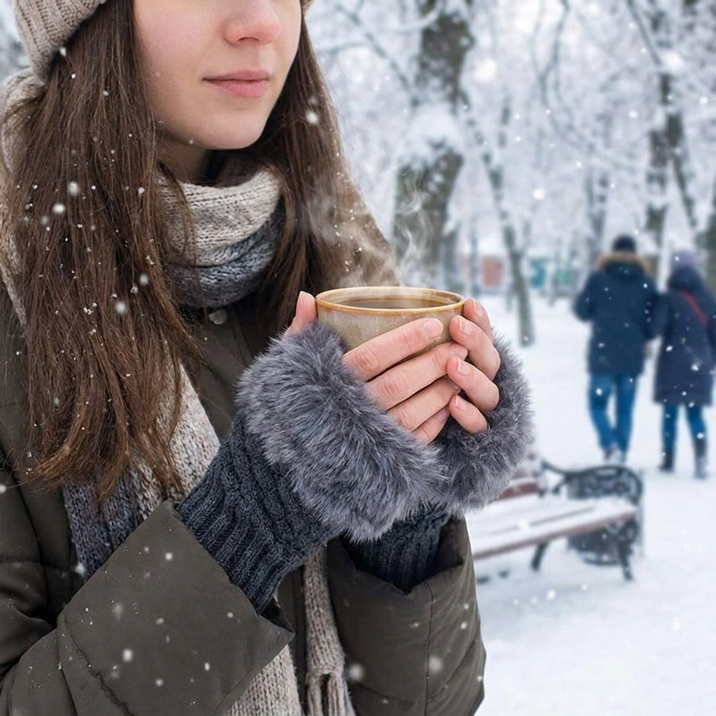 Faux Fur Fingerless Gloves in use, lifestyle setting