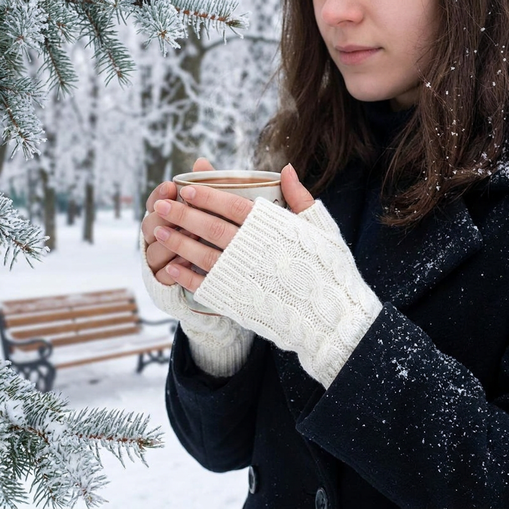 Knit Fingerless Gloves for Women in use, lifestyle setting