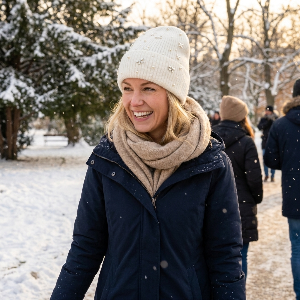 Pearl Accent Knit Beanie in use, lifestyle setting