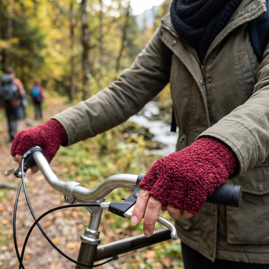 Knit Half Finger Gloves in use, lifestyle setting