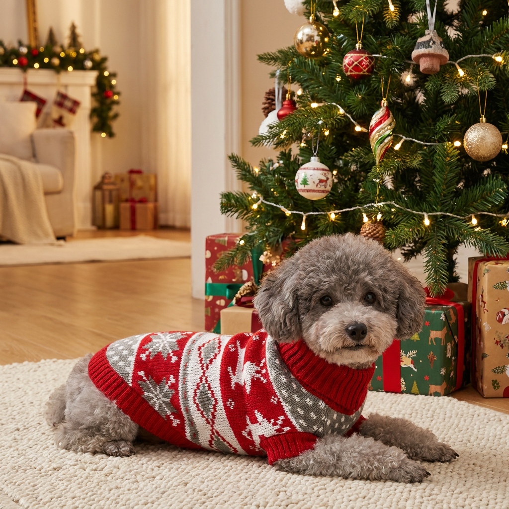 Knitted Dog Christmas Sweater in use, lifestyle setting