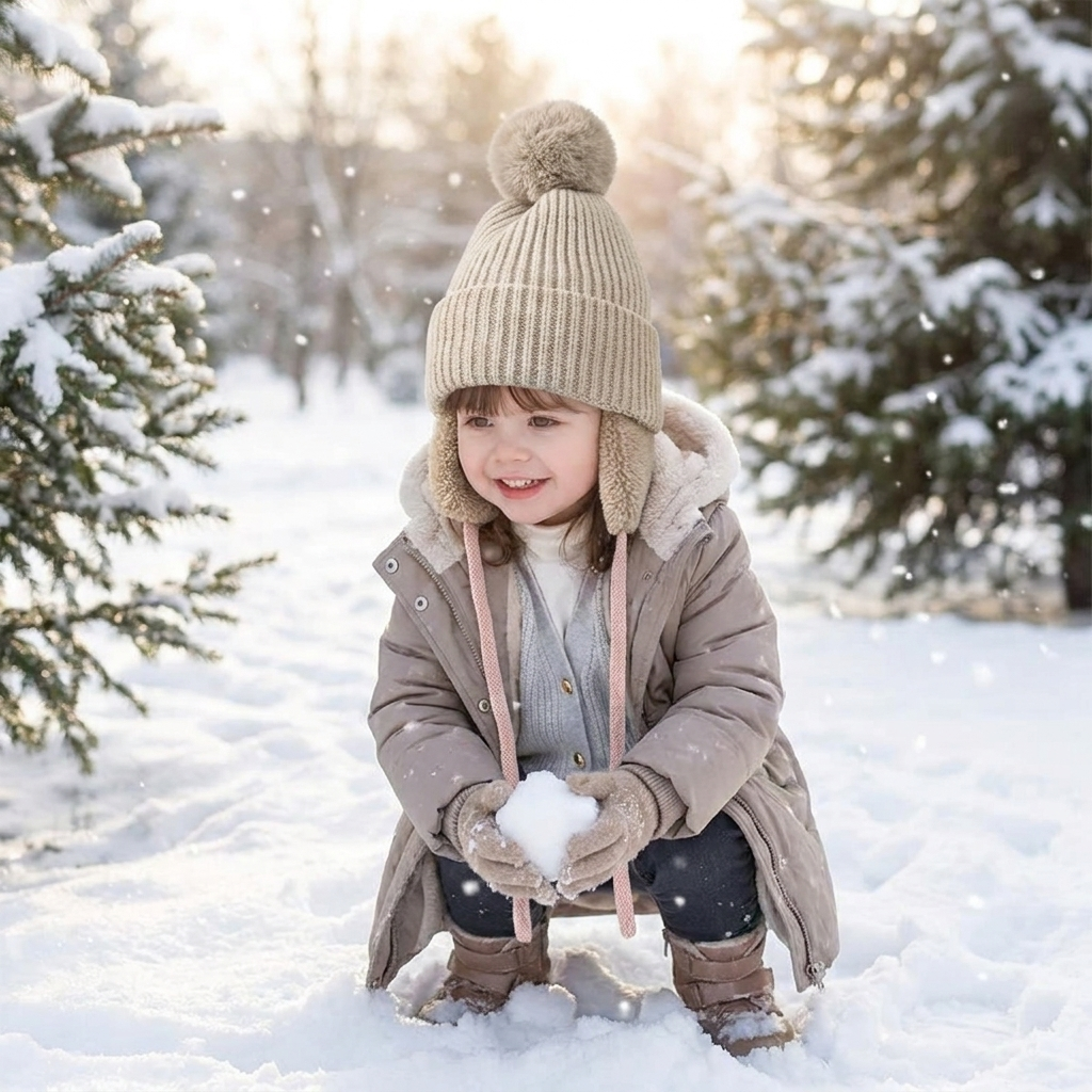 Kids Knit Beanie with Earflaps in use, lifestyle setting
