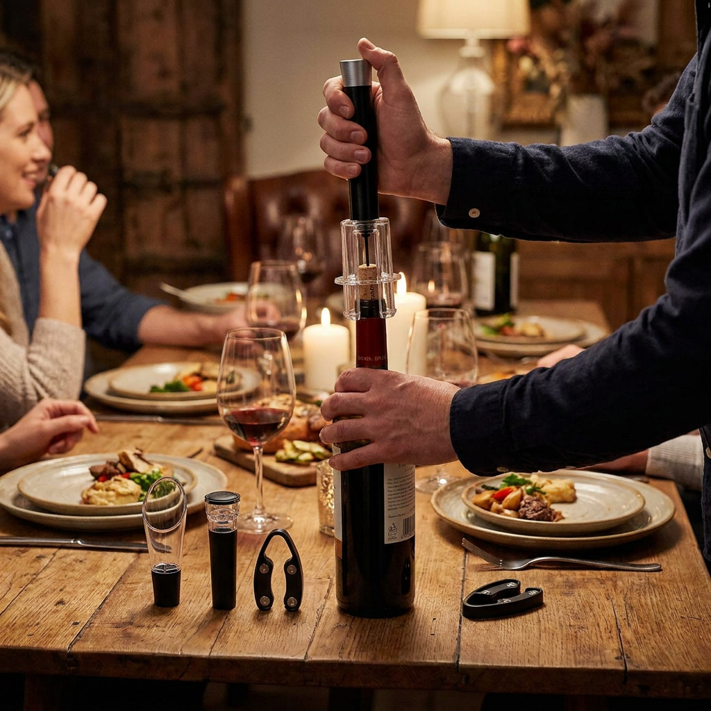 Air-Assist Wine Opening Set in use, lifestyle setting