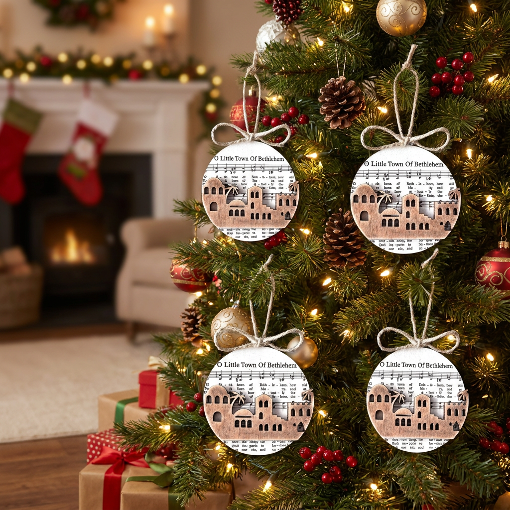 Nativity Music Sheet Ornament Collection in use, lifestyle setting