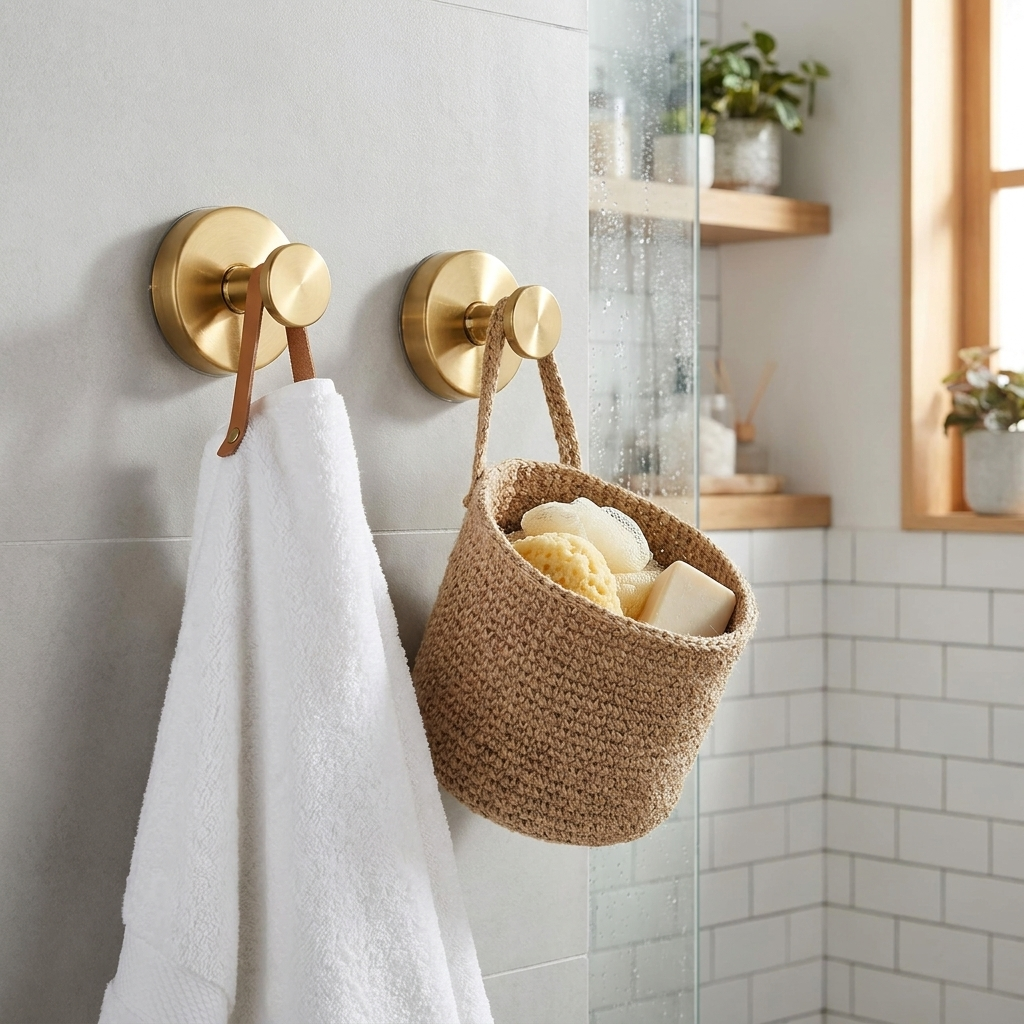 Twist-Lock Suction Wall Hooks in use, lifestyle setting