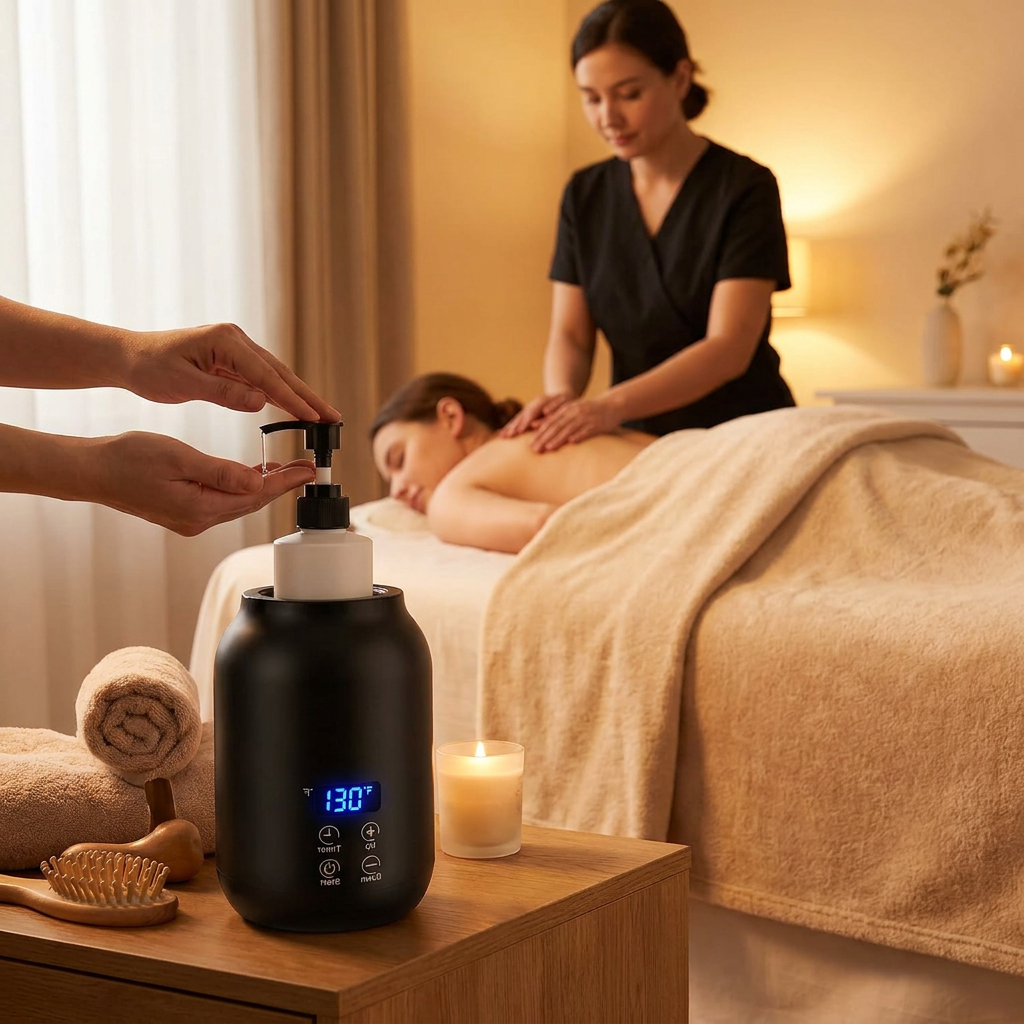 Massage Oil Warmer in use, lifestyle setting