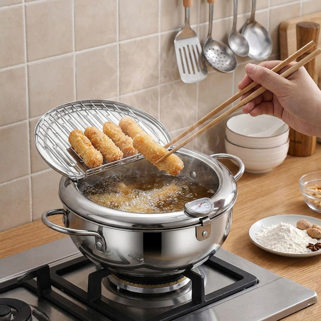 Japanese Deep Frying Pot in use, lifestyle setting