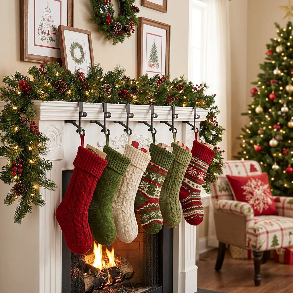 Fireplace Stocking and Garland Hanger Set in use, lifestyle setting