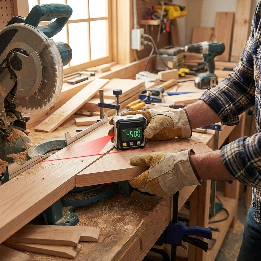 Digital Angle Gauge with Laser in use, lifestyle setting