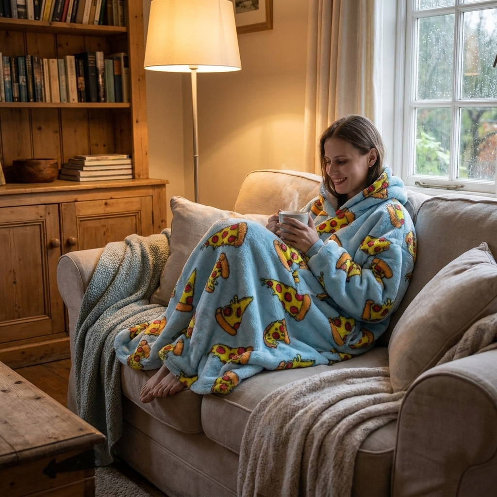 Long Wearable Blanket Hoodie in use, lifestyle setting
