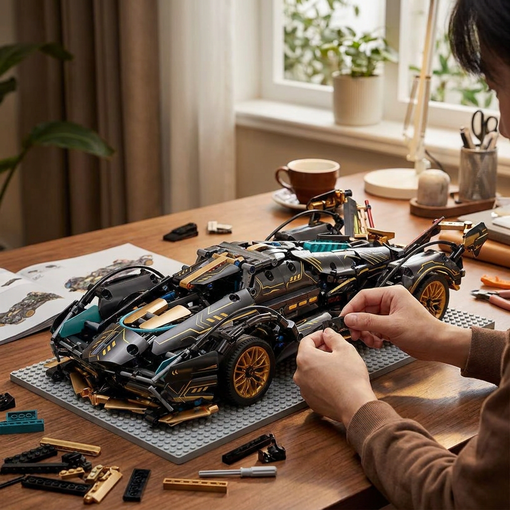 V12 Model Car Building Block Set in use, lifestyle setting