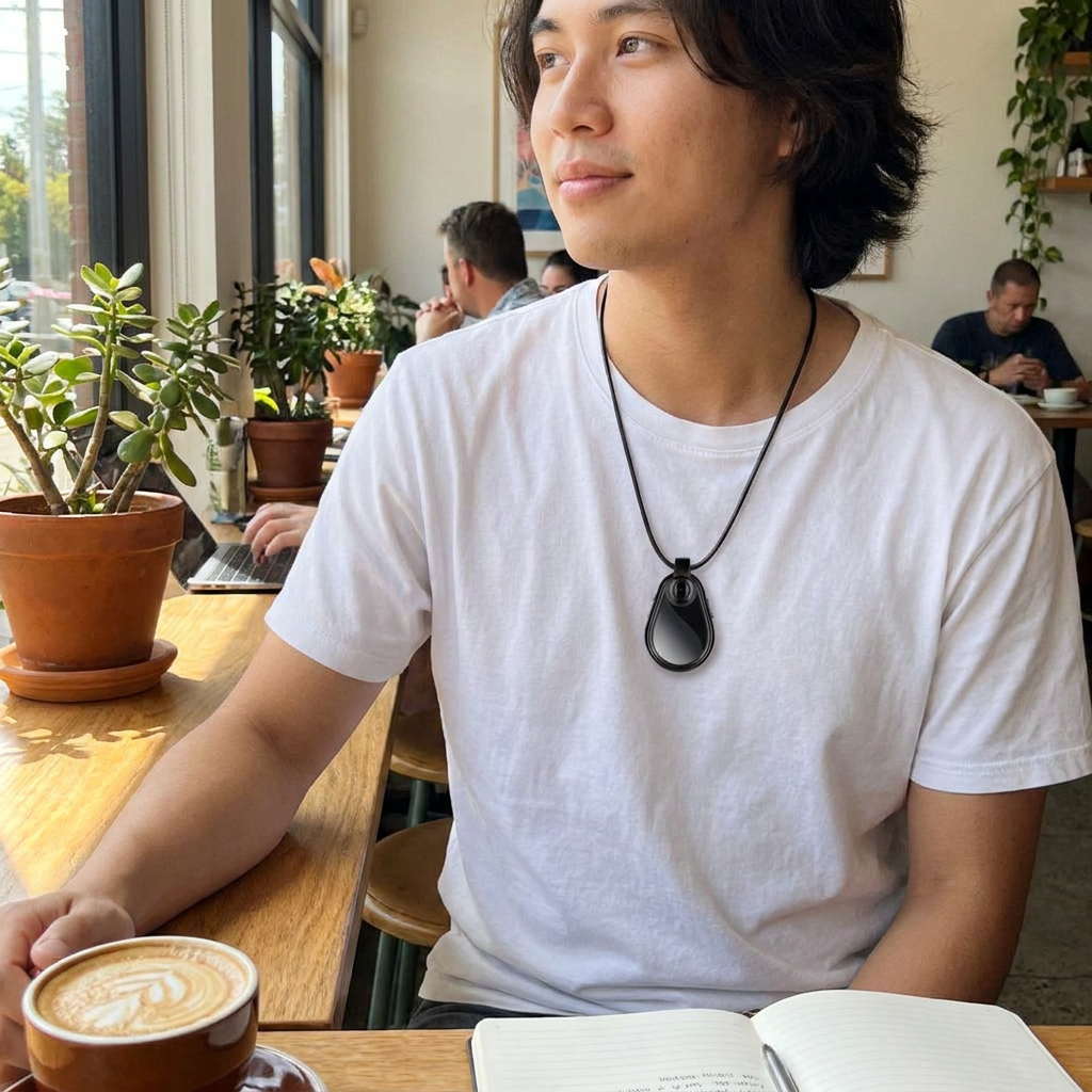 Hidden Camera Necklace in use, lifestyle setting