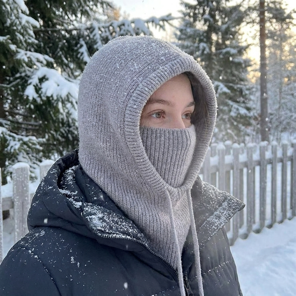Knitted Hooded Balaclava in use, lifestyle setting