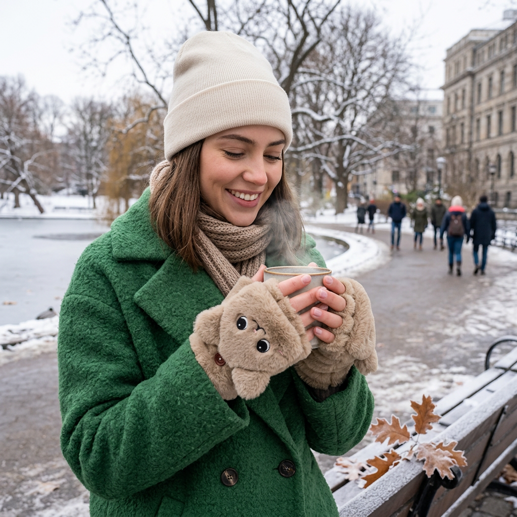 Plush Animal Fingerless Gloves in use, lifestyle setting