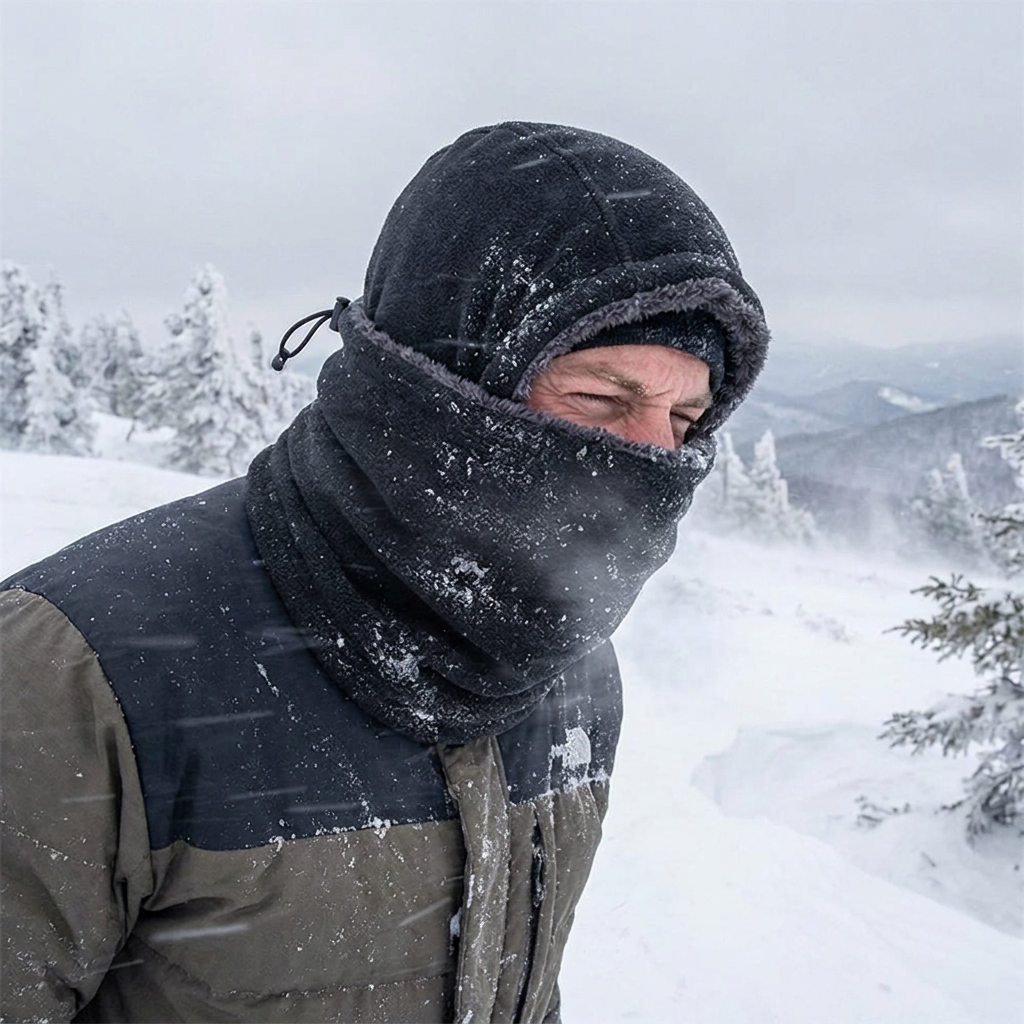 Fleece Balaclava Face Mask in use, lifestyle setting