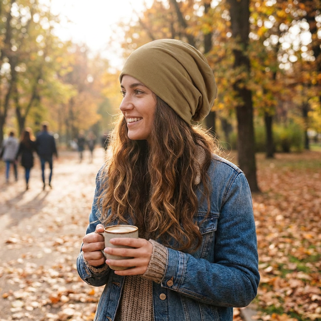 Cozy Slouch Beanie in use, lifestyle setting