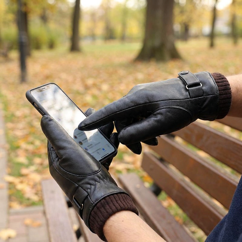 Men's Touch Screen Leather Gloves in use, lifestyle setting