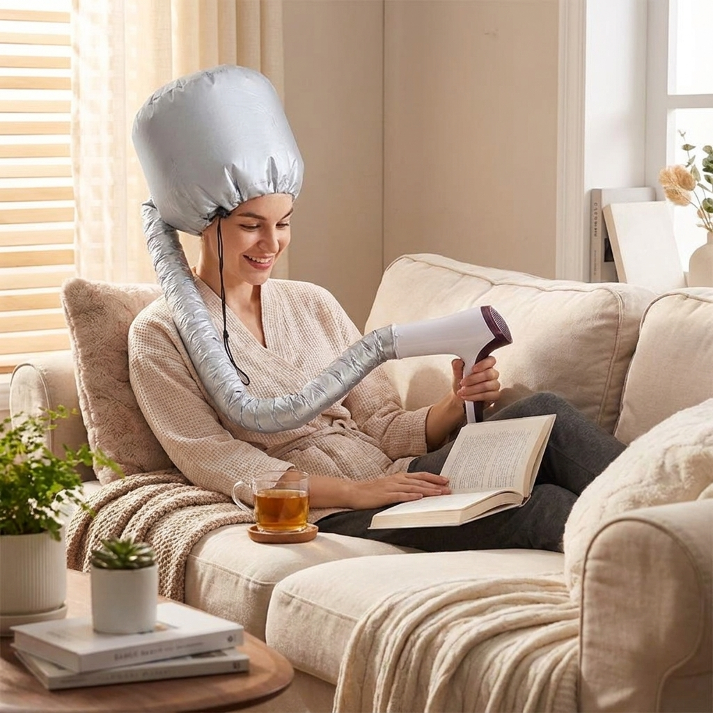 Portable Hair Bonnet Dryer Cap in use, lifestyle setting