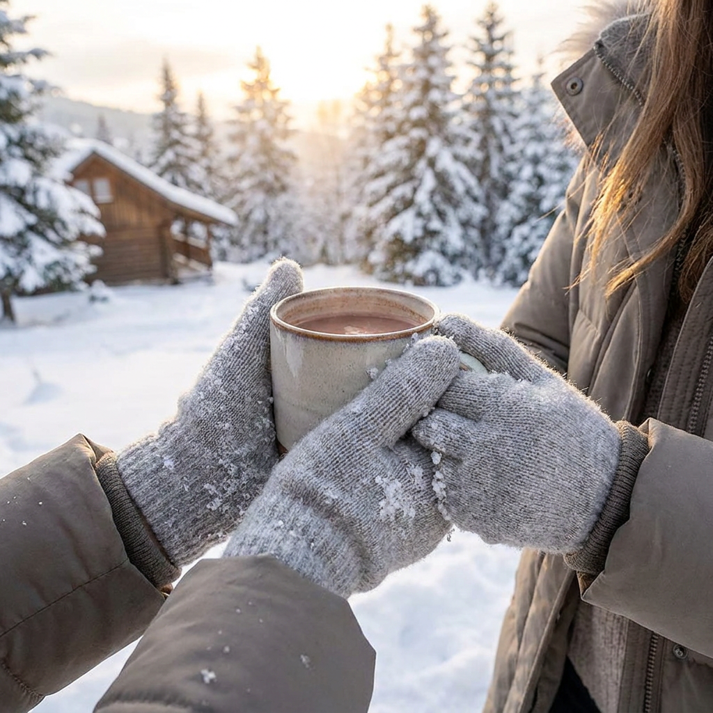 Cashmere Knit Mittens in use, lifestyle setting