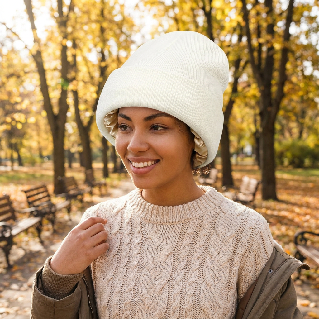 Satin-Lined Beanie Cap in use, lifestyle setting