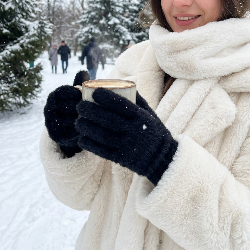 Soft Plush Winter Gloves in use, lifestyle setting