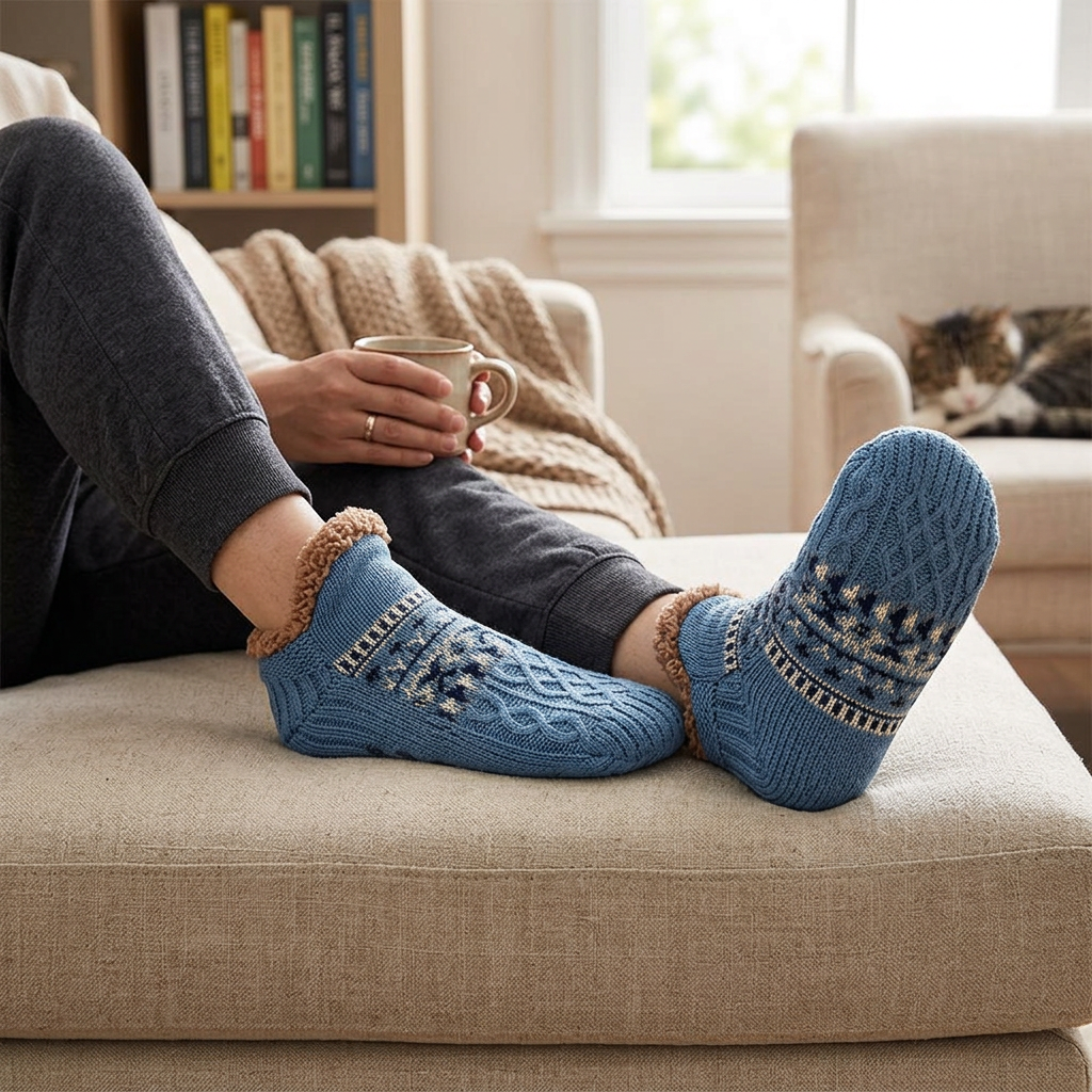 Knitted Slipper Socks in use, lifestyle setting