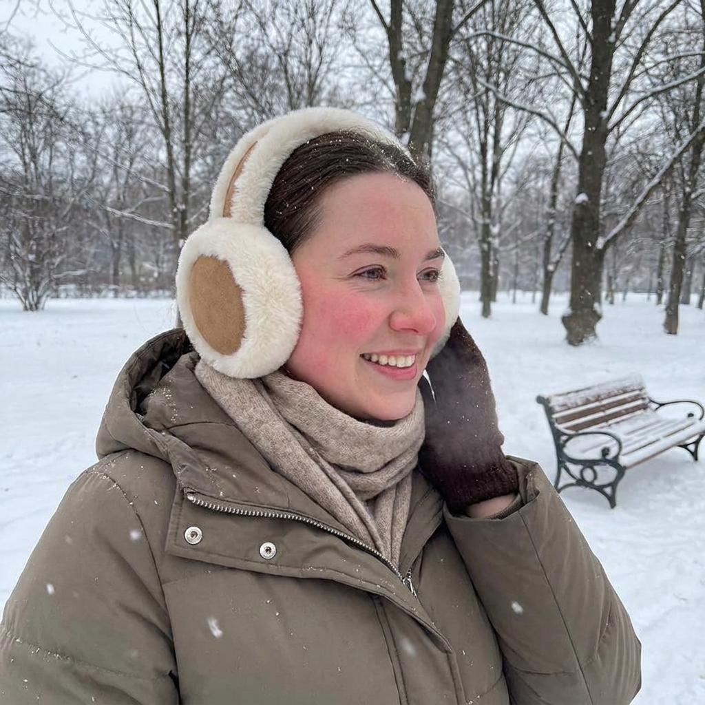 Plush Ear Muffs Winter Headband in use, lifestyle setting