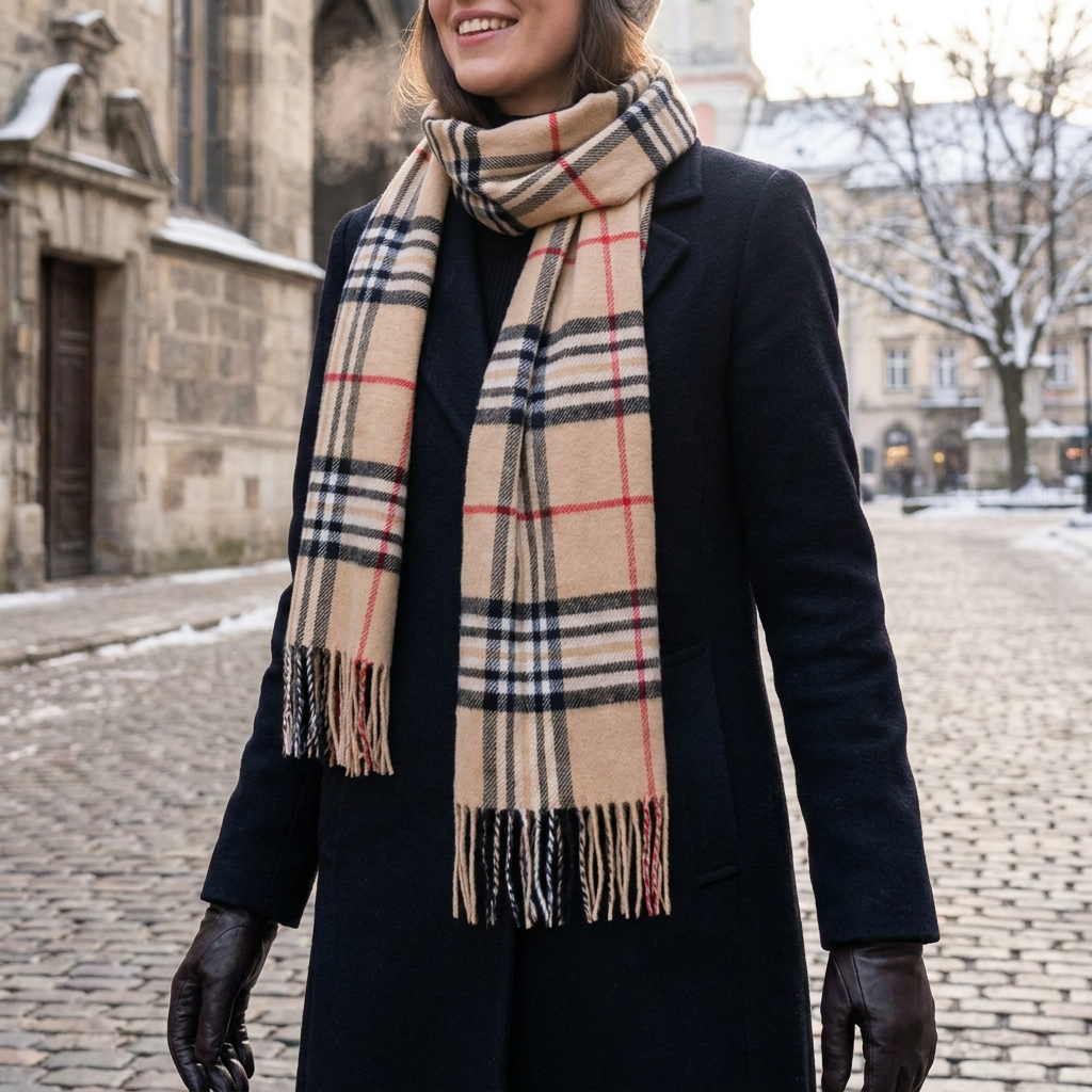 Plaid Cashmere-Feel Scarf in use, lifestyle setting