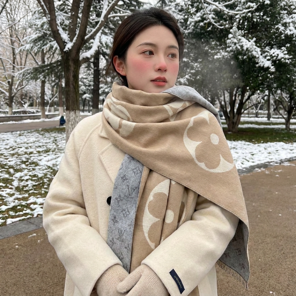 Faux Cashmere Winter Scarf in use, lifestyle setting