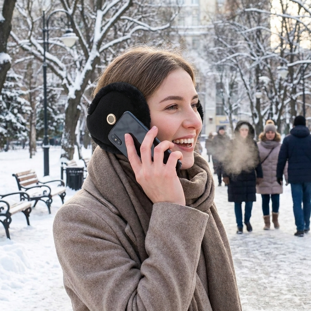 Plush Winter Ear Muffs with Earpiece in use, lifestyle setting