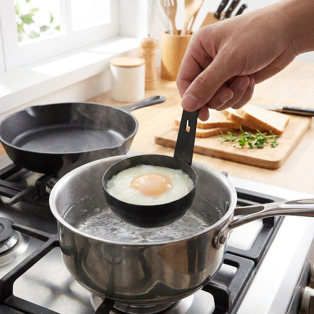 Egg Poacher with Nonstick Mold in use, lifestyle setting