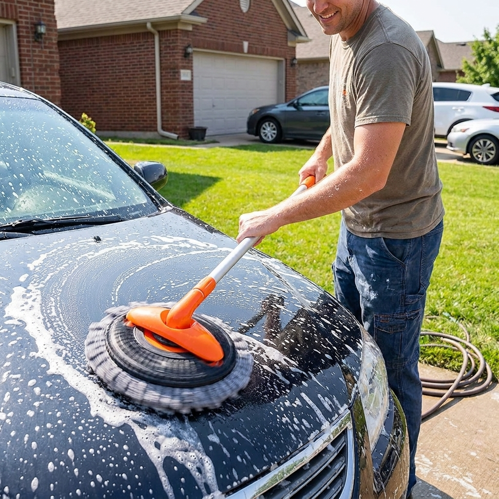 Car Wash Brush with Rotating Head in use, lifestyle setting