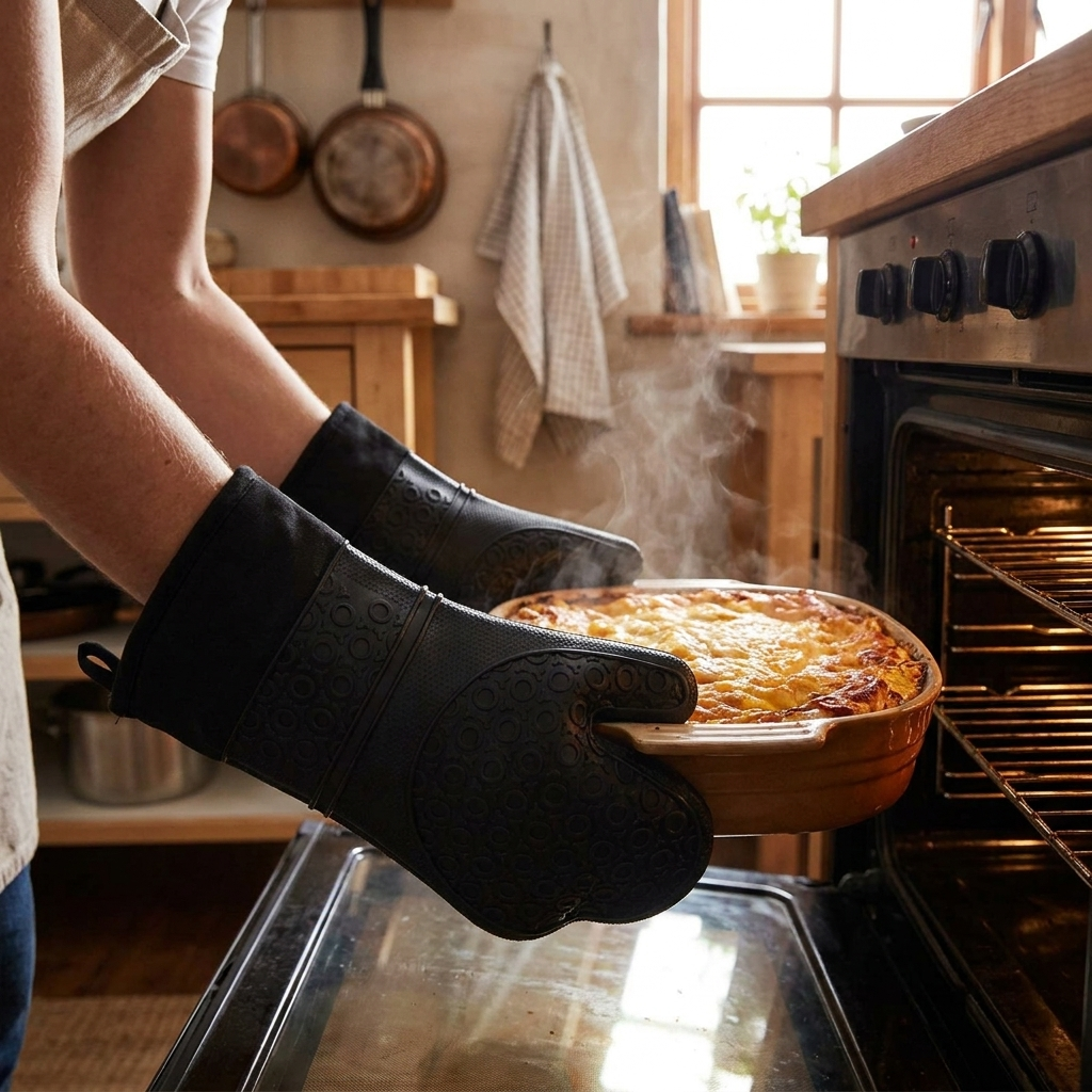 Heat-Resistant Oven Gloves in use, lifestyle setting