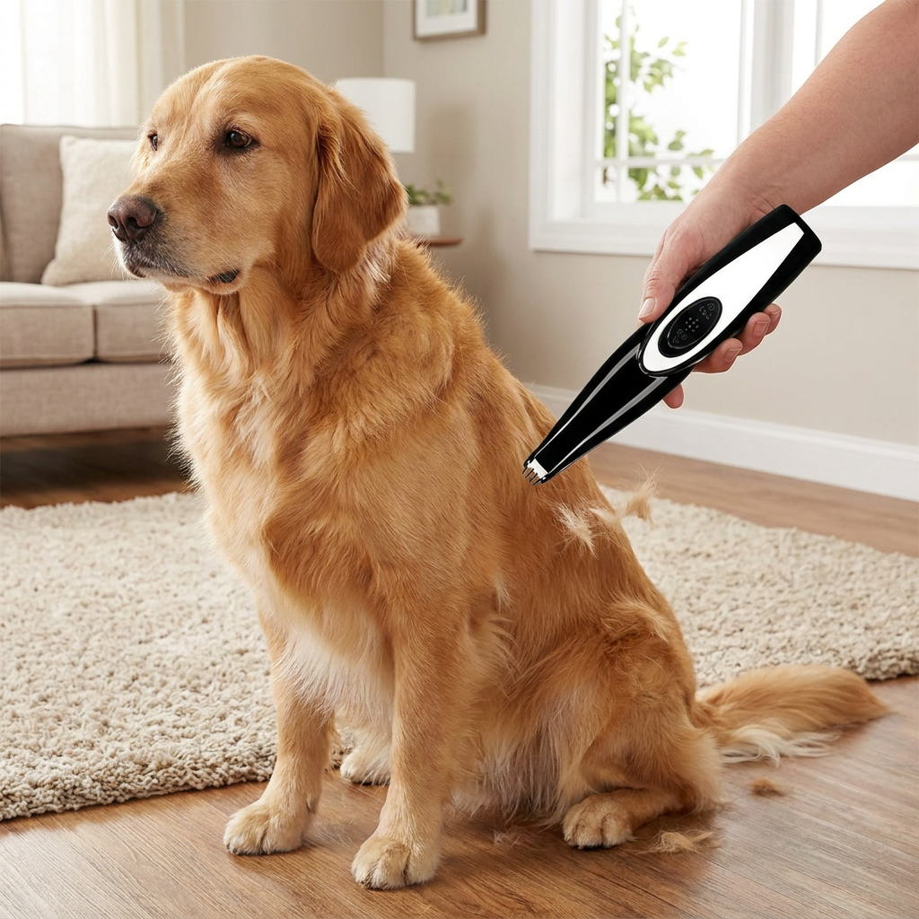 Electric Pet Grooming Trimmer in use, lifestyle setting