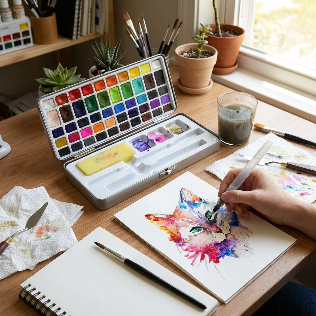 Watercolor Paint Set in use, lifestyle setting