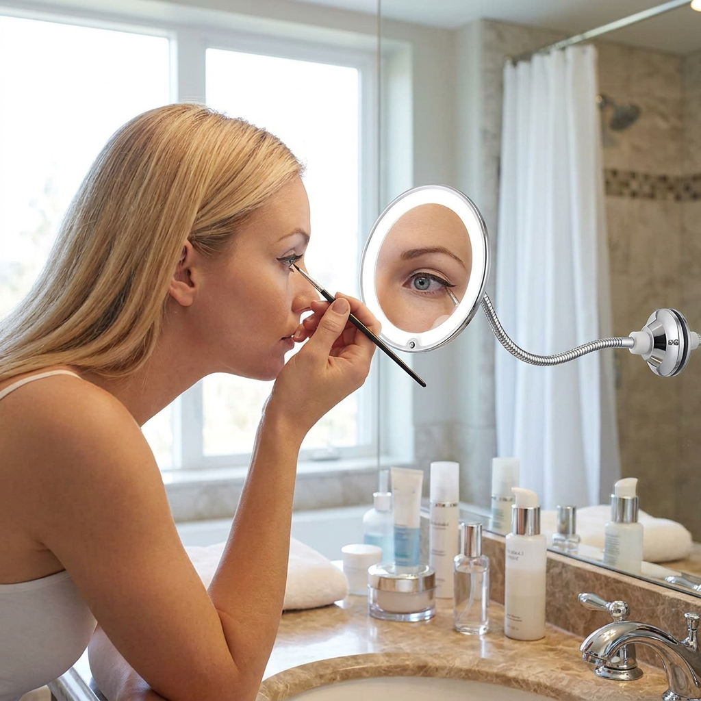 LED 10x Magnifying Mirror in use, lifestyle setting