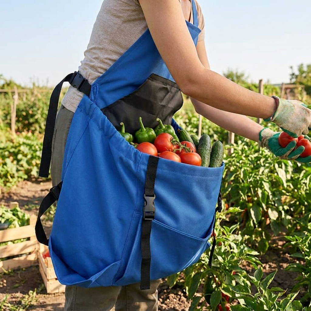 Durable Harvesting Apron with Drop-Release Pouch in use, lifestyle setting