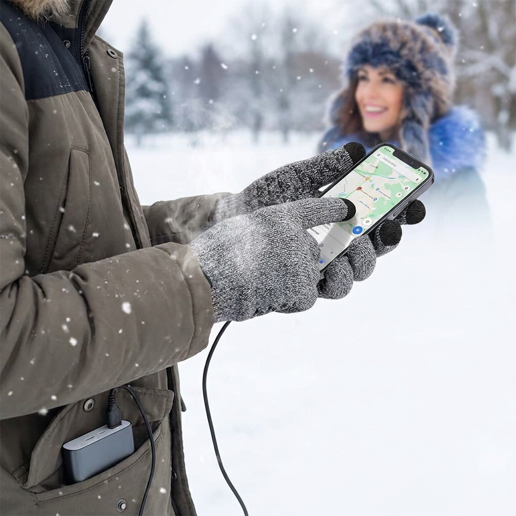 USB Touchscreen Heated Gloves in use, lifestyle setting