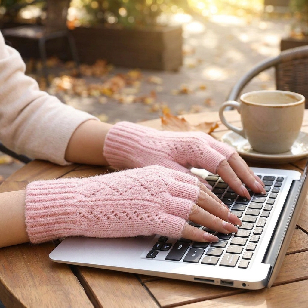 Soft Knit Fingerless Gloves in use, lifestyle setting